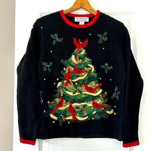 Beads Sequins Embroidery Cardinals Xmas Tree Ramie Cotton Sweater Tiara Int'l Lg